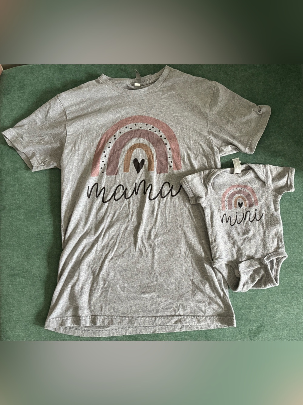 Mama & Mini Matching Grey Rainbow Tee and Bodysuit Set, size small and newborn